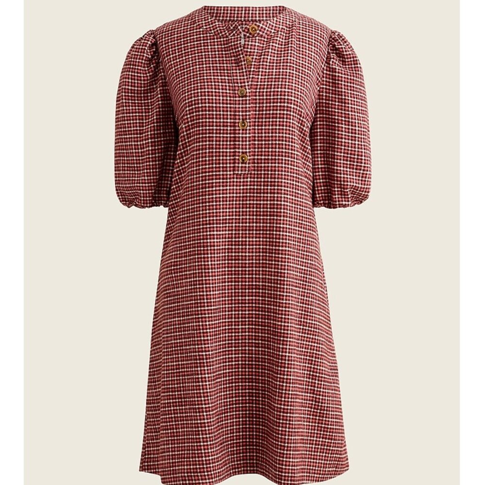 J. Crew Popover Dress in Brushed Flannel in Vintage Merlot Multi Size Medium